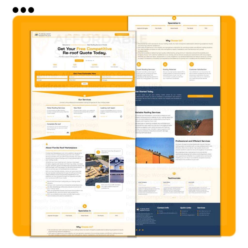 Florida Roof marketplace website desgin case study san diego